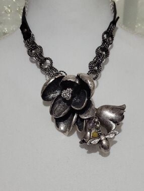 Fossil Silver Floral Statement Necklace with Bee Accent